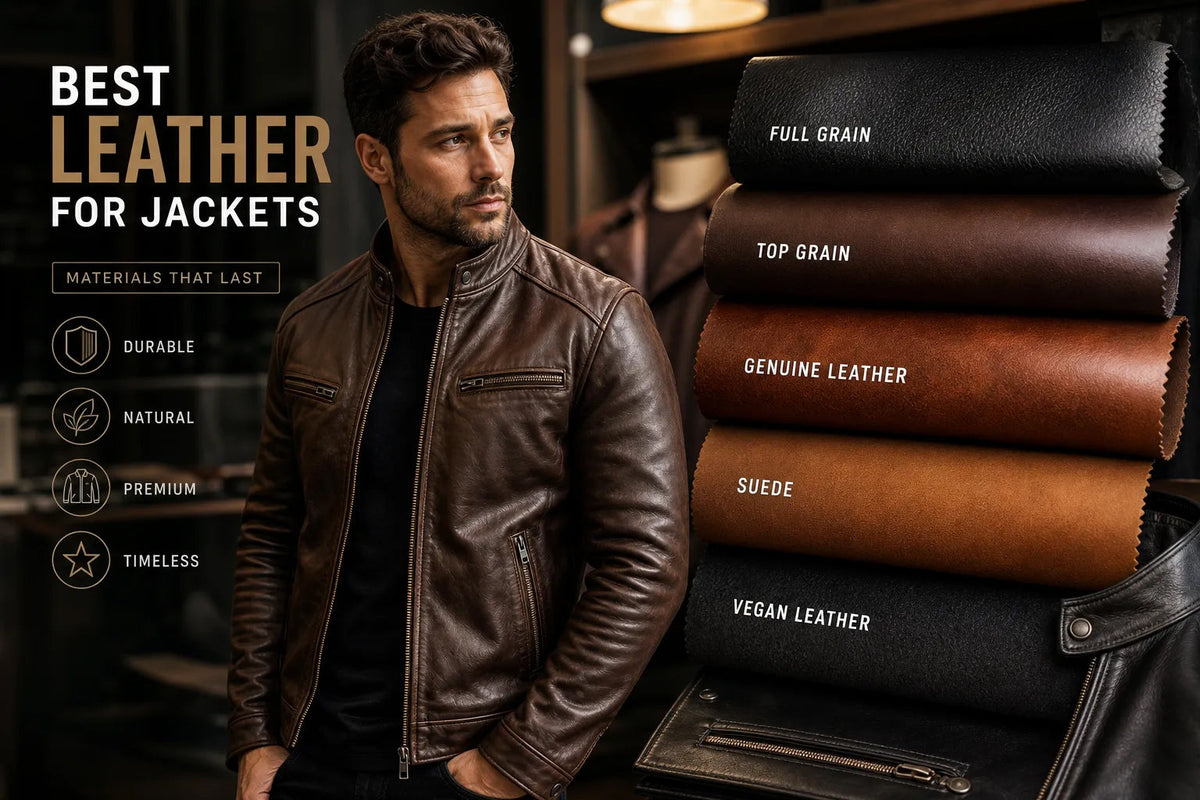 Best leather for jackets comparison featuring a brown leather jacket with full-grain, top-grain, genuine leather and suede samples.