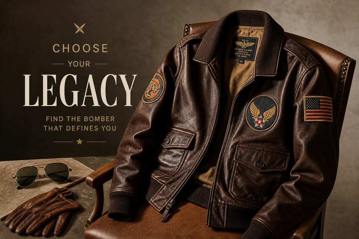 Brown heritage bomber jacket with military flight patches, aviator sunglasses and gloves for a leather bomber jacket buying guide.