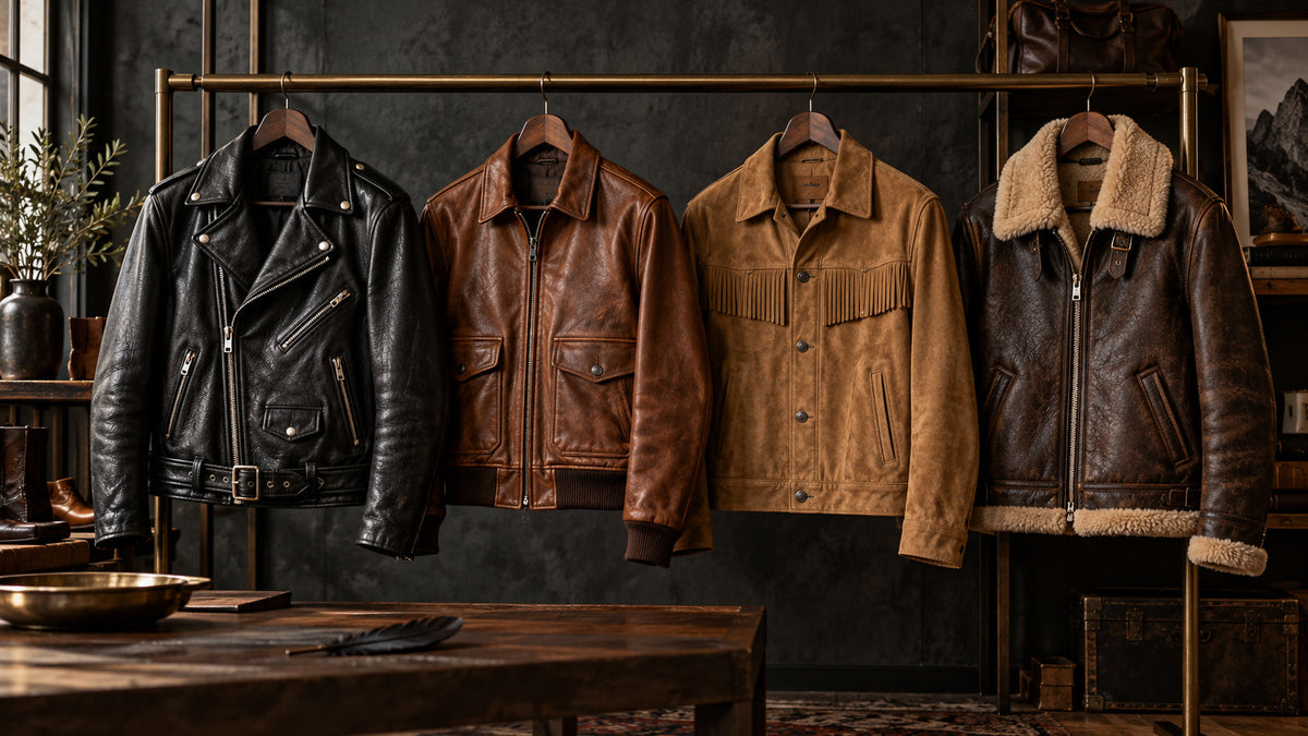 Men’s biker, bomber, suede Western and shearling leather jacket styles