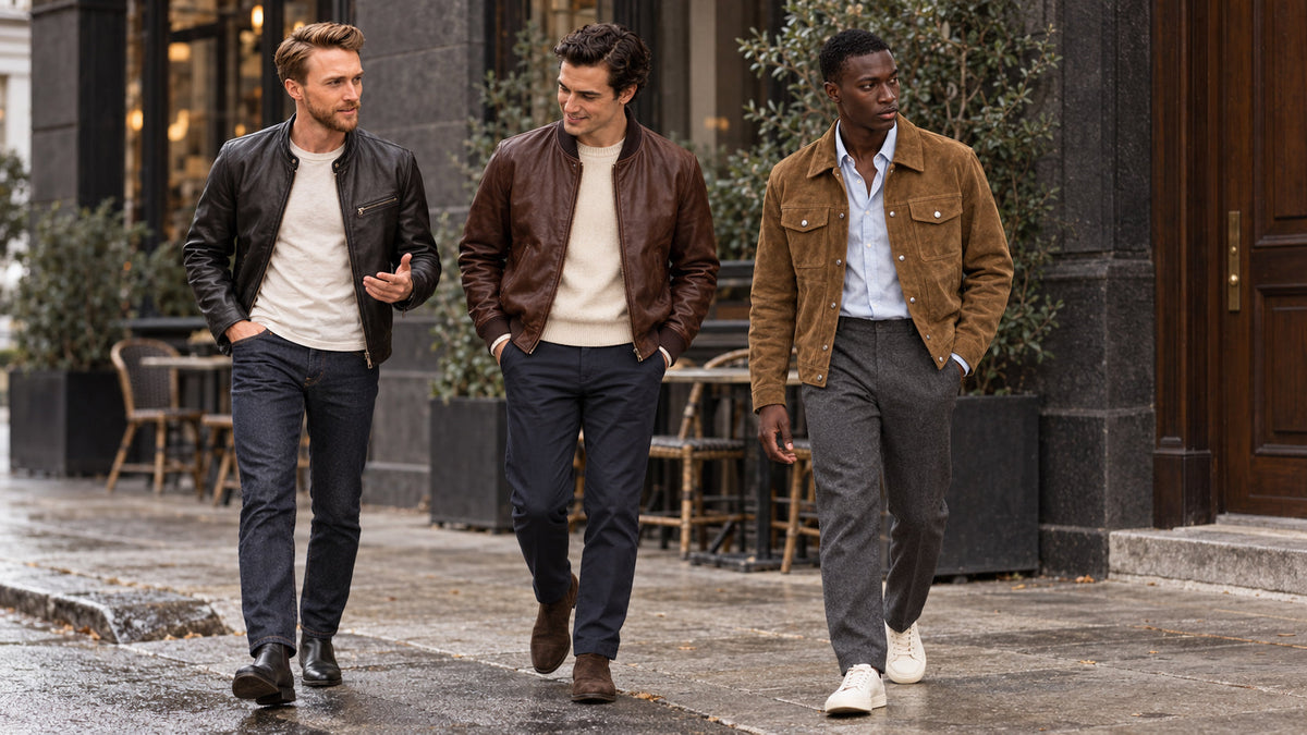 Three men wearing black, brown and tan leather jackets with coordinated casual outfits