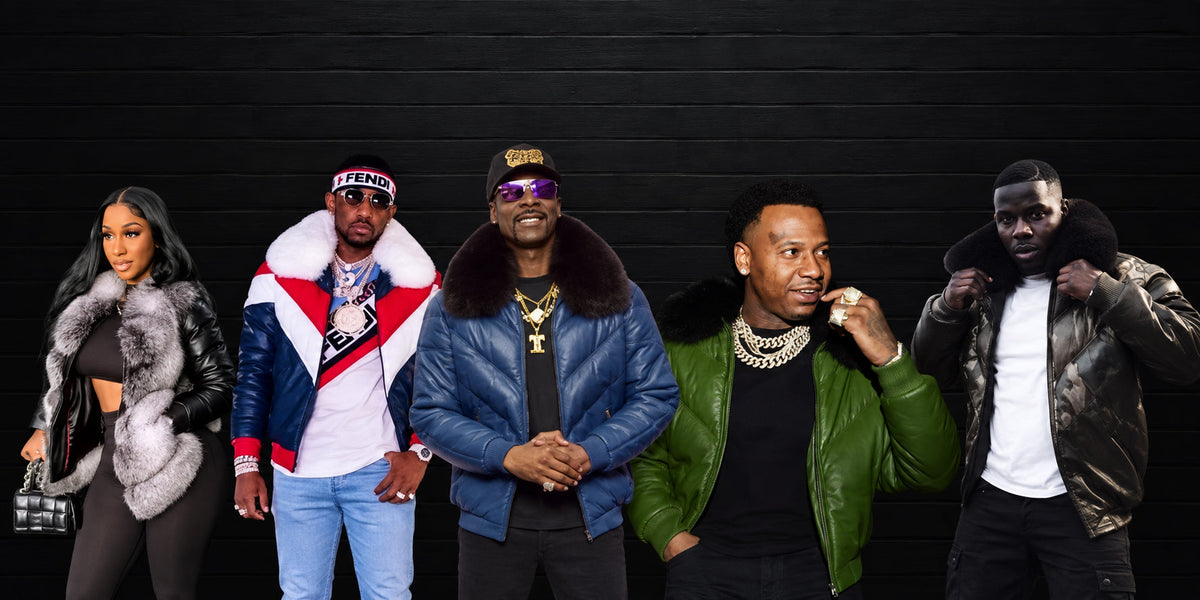 Five models wearing Original Goose Country leather jackets in a wide collection banner