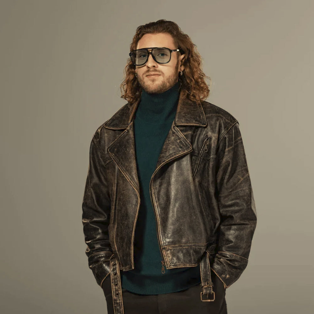 Front view of black and brown double-rider leather jacket with asymmetrical YKK zipper and waist straps