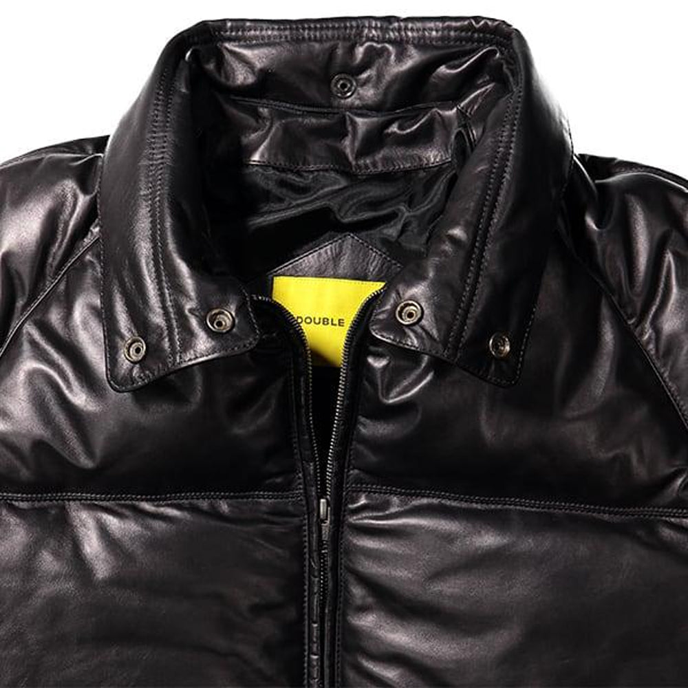 Black padded calfskin stand collar with stud fasteners, detachable chin guard and tonal viscose interior.