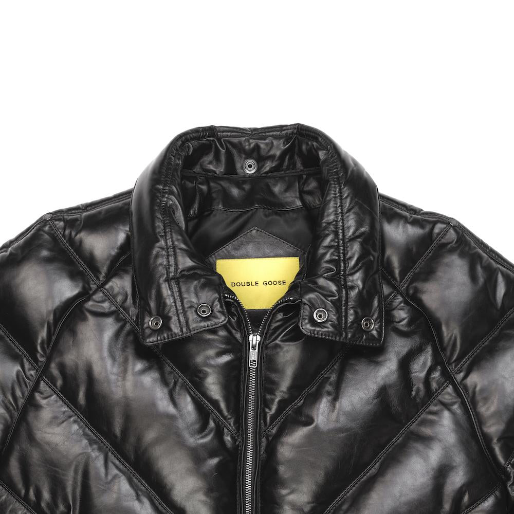 Black padded leather collar with exposed snaps, metal zipper, shoulder rivets and Double Goose neck branding