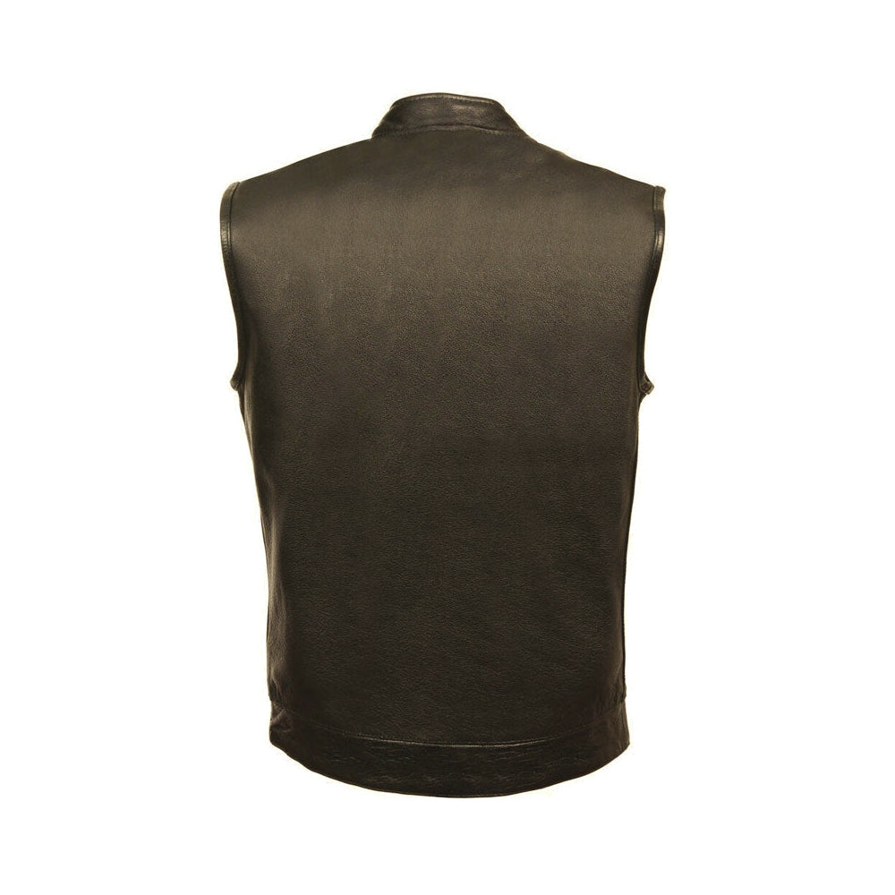 Rear view of black club leather vest showing a large uninterrupted panel for patches or custom embroidery