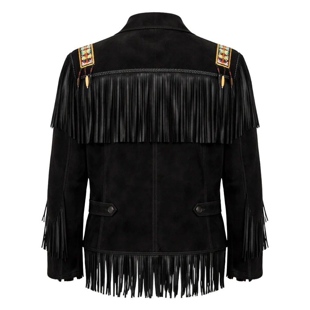 Rear product view of black cowboy fringe jacket showing beaded epaulettes, waist tabs, center seam and fringed hem
