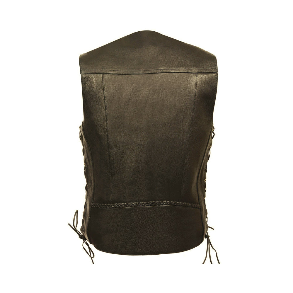 Rear view of black leather club vest showing broad patch-ready center panel, shoulder yoke and braided waist seam