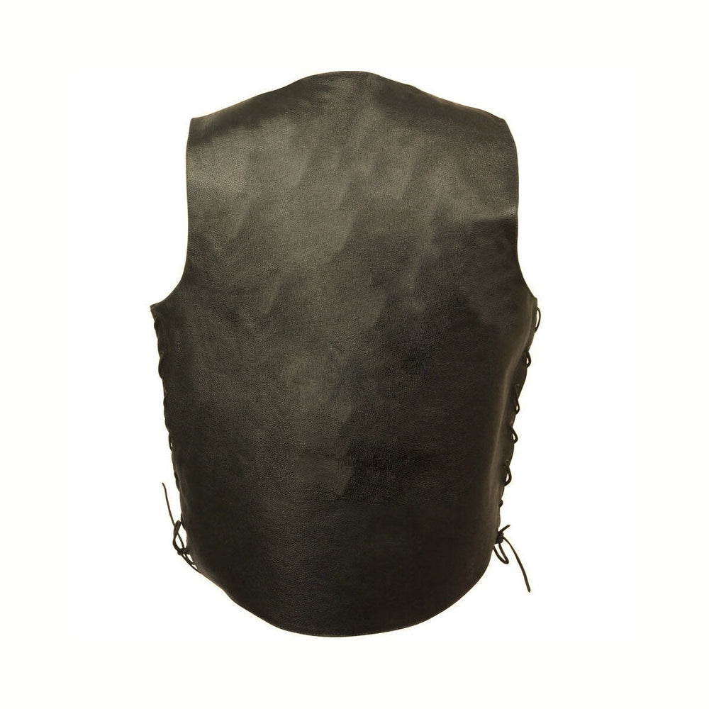 Rear view of black motorcycle vest showing a large uninterrupted patch-ready leather panel and curved hem