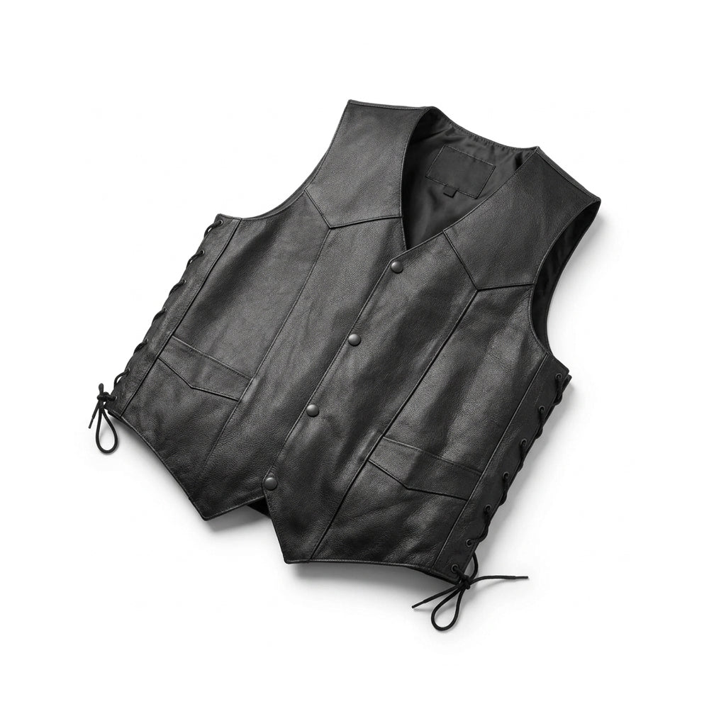 Angled product view of black snap-front riding vest highlighting smooth sheep leather and adjustable eyelet sides