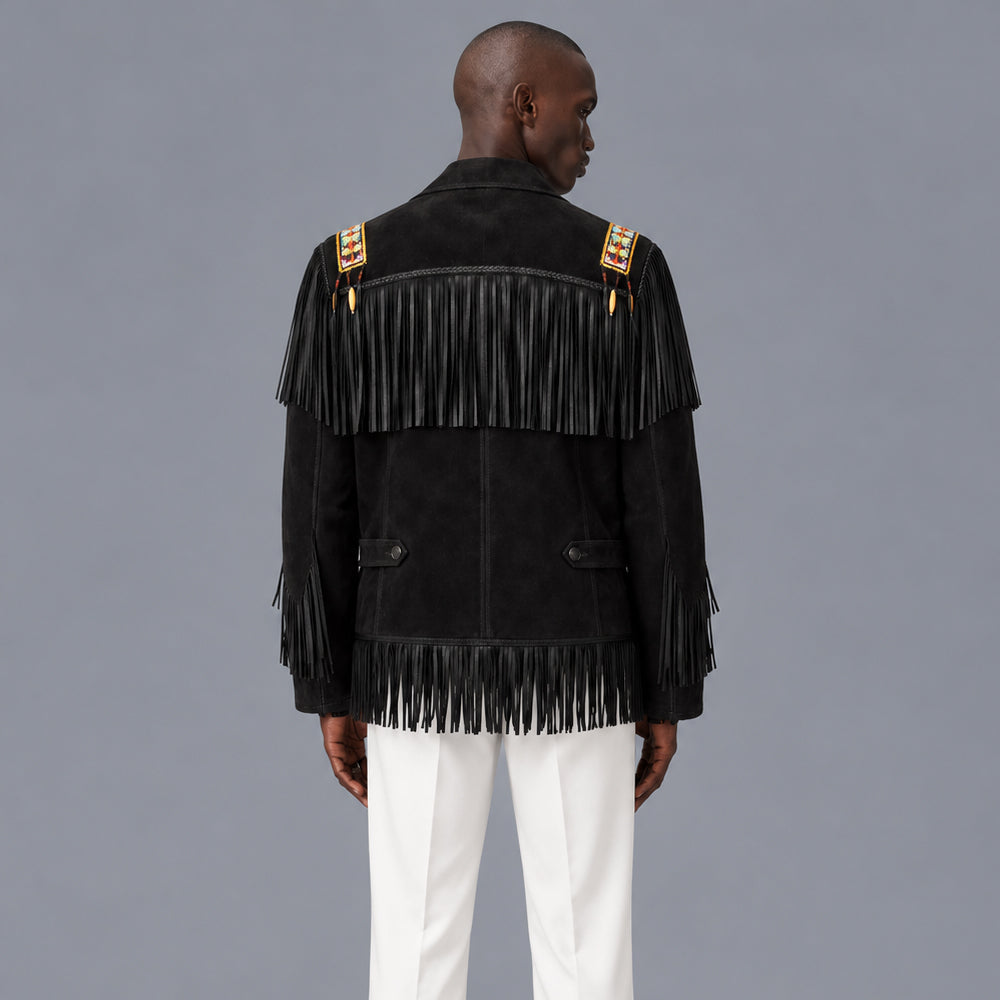 Full back view of black suede ranch jacket with braided yoke edge, shoulder beadwork and long tonal fringe