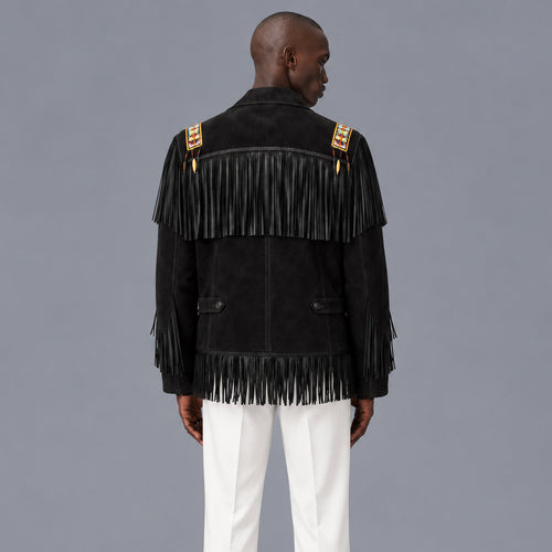 Full back view of black suede ranch jacket with braided yoke edge, shoulder beadwork and long tonal fringe