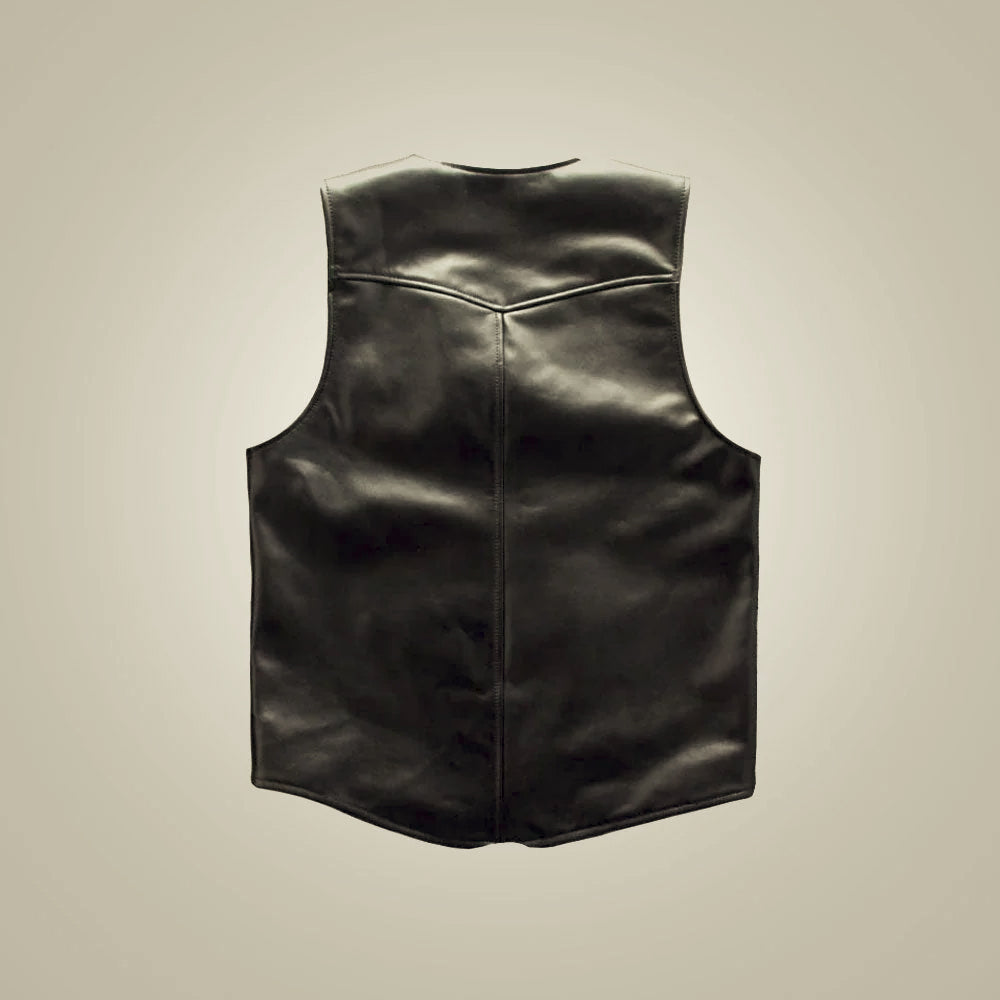 Rear view of black Western leather waistcoat with pointed shoulder yoke, center seam and clean lower panel