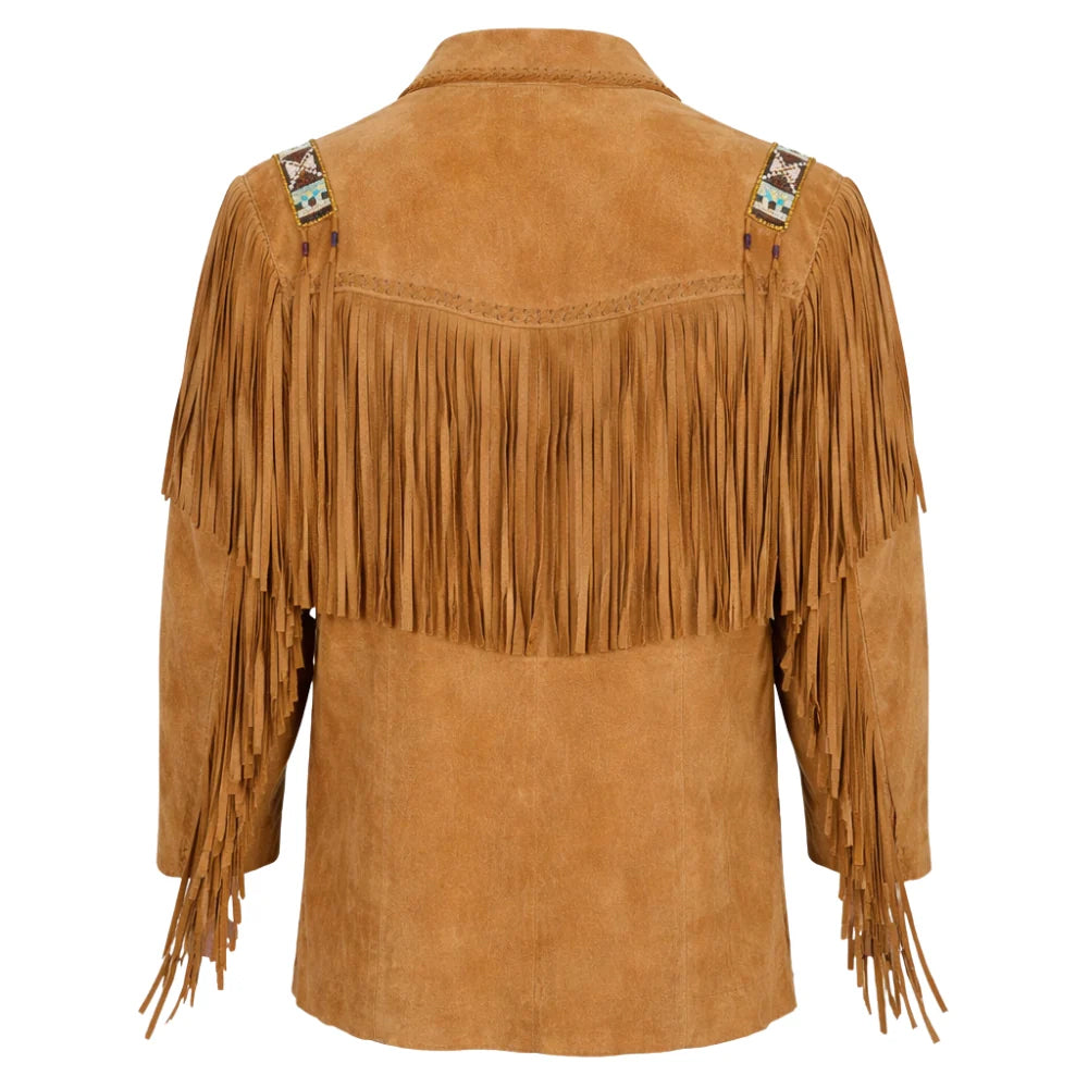 Rear product view of bourbon boar suede cowboy jacket showing curved whipstitched yoke, beaded epaulettes and long fringe