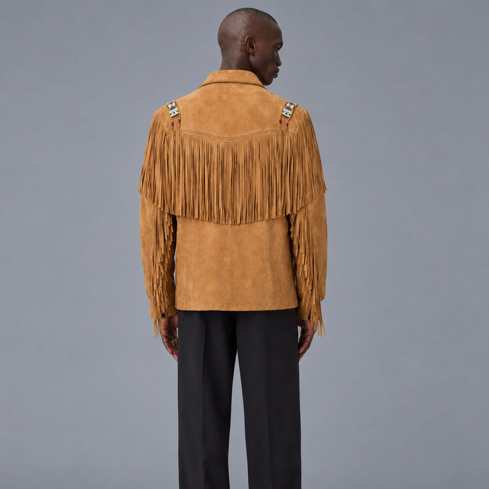 Full rear view of bourbon suede ranch jacket displaying shoulder beadwork, curved back yoke and sleeve fringe