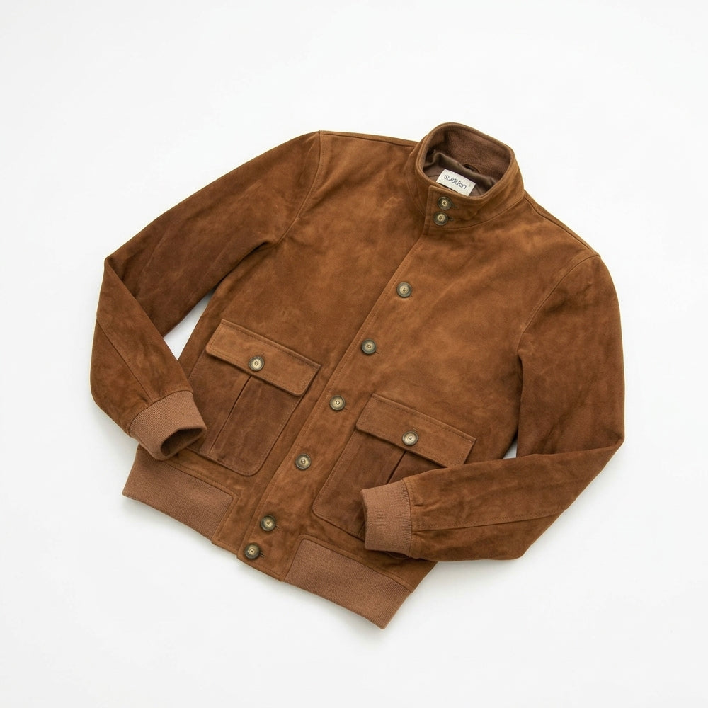 Flat-lay view of the brown A-1 flight jacket displaying ribbed cuffs, button placket and box-pleated pockets