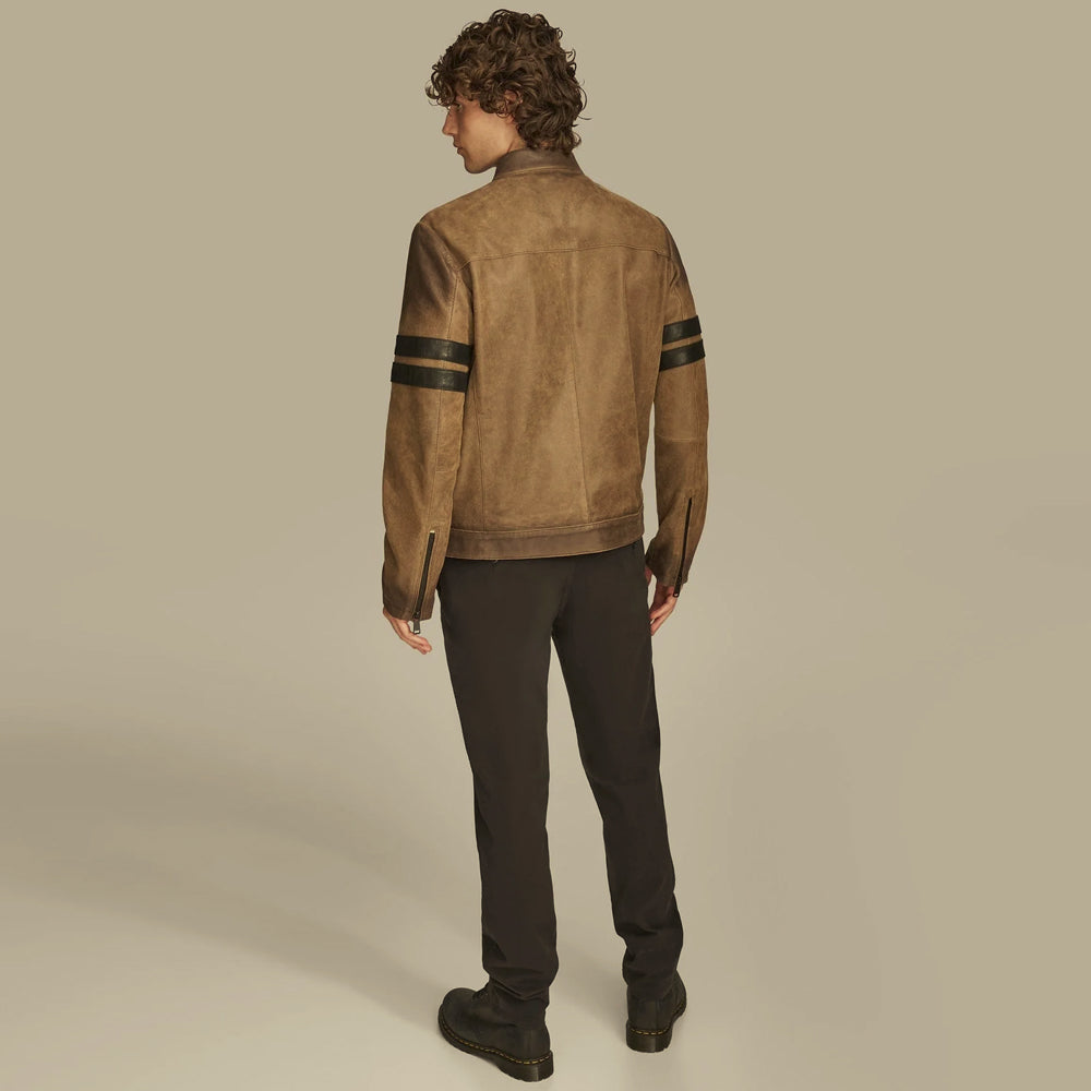Rear view of brown cowhide café racer jacket showing shoulder yoke, center seam and sleeve bands