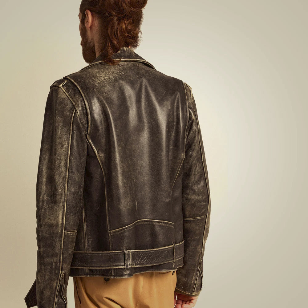 Rear view of brown double-rider jacket showing clean central panel, curved seams and waist belt