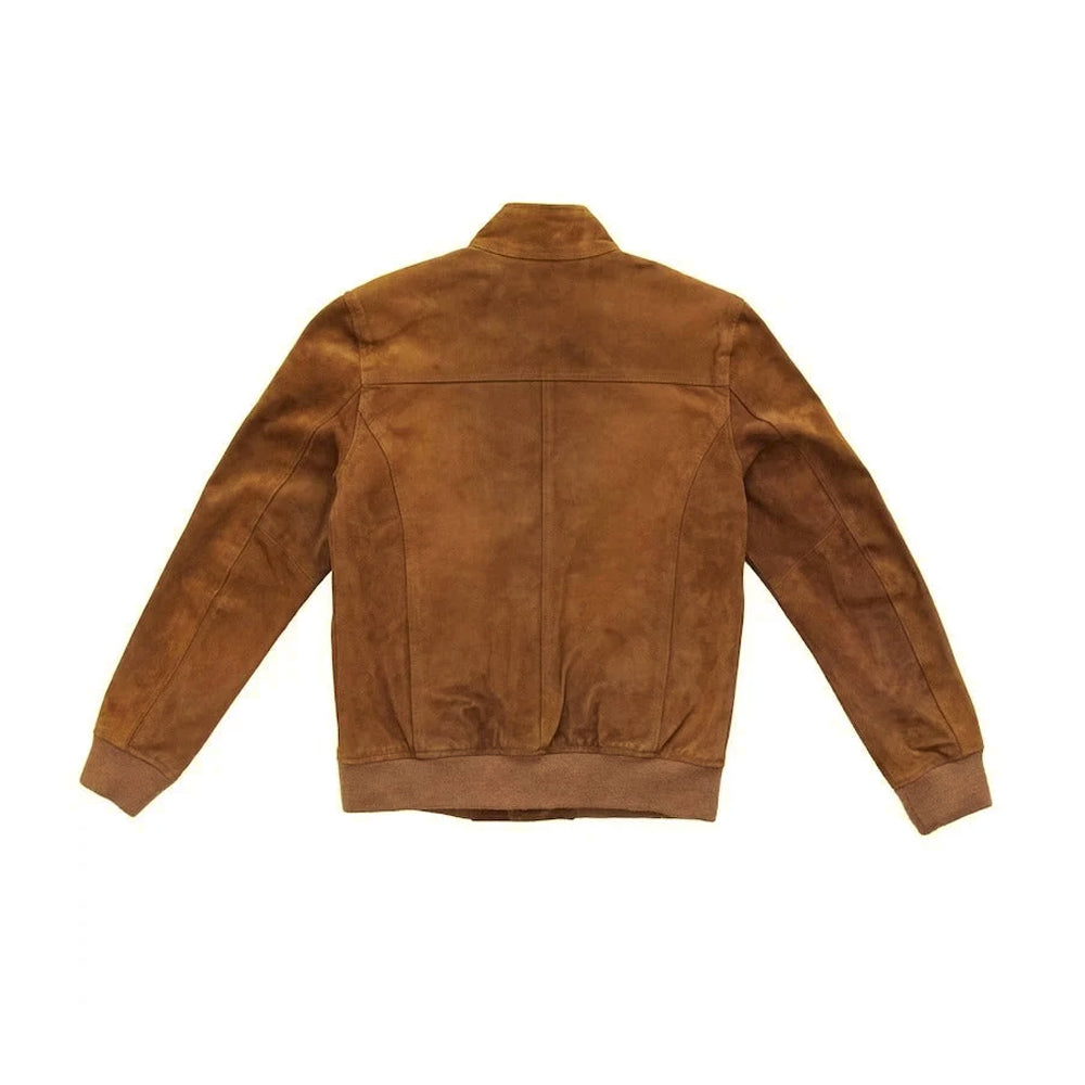 Back view of the brown goatskin suede flight jacket showing its shoulder yoke, vertical seams and ribbed waist