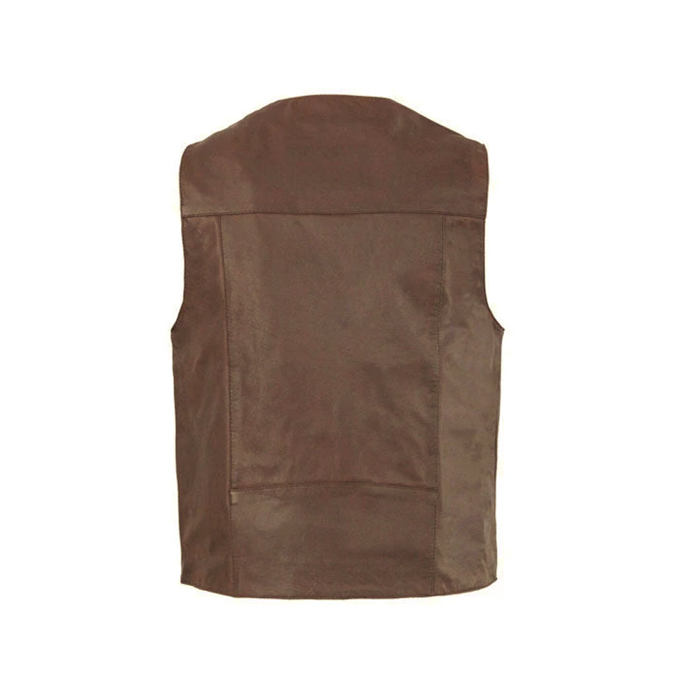 Rear view of brown milled cowhide vest showing shoulder yoke, broad patch-ready center panel and reinforced waist section