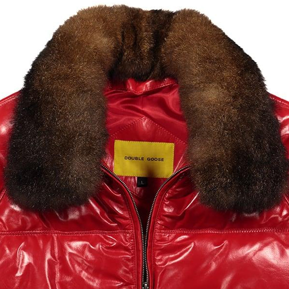 Close-up of detachable brown opossum-fur collar and yellow Double Goose label on a glossy red calfskin jacket.