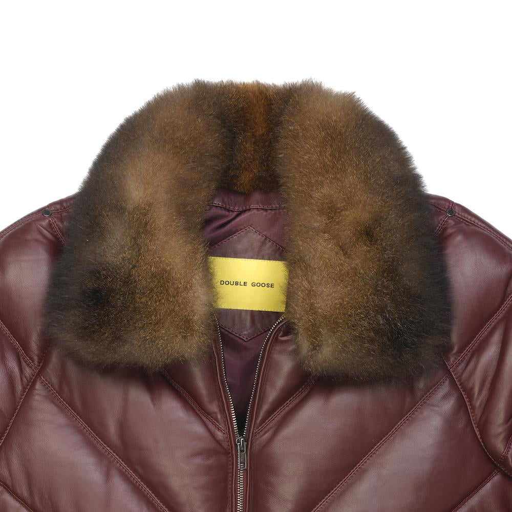 Close-up of detachable brown opossum fur on the burgundy lambskin Double Goose leather bomber