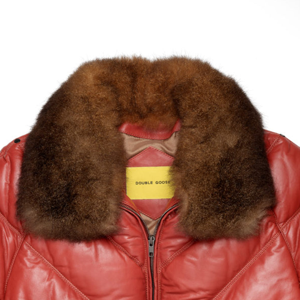 Close-up of detachable brown opossum fur collar on the red Double Goose leather down bomber