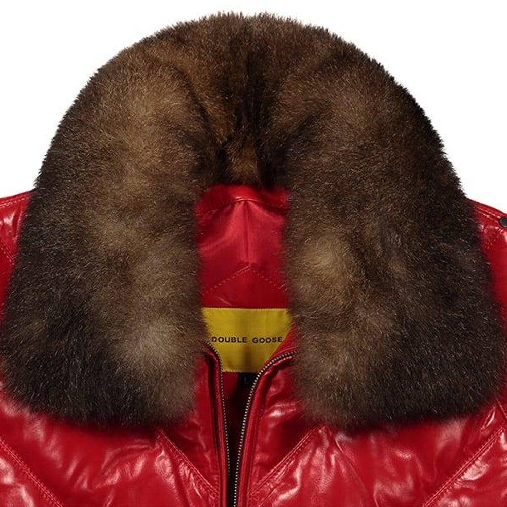 Close-up of the detachable brown opossum-fur collar and yellow label on the Double Goose Chili V-Bomber