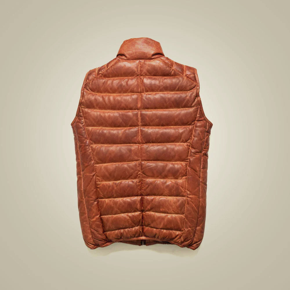 Rear view of brown sheepskin down gilet showing full-width padded channels, center seam and bound armholes