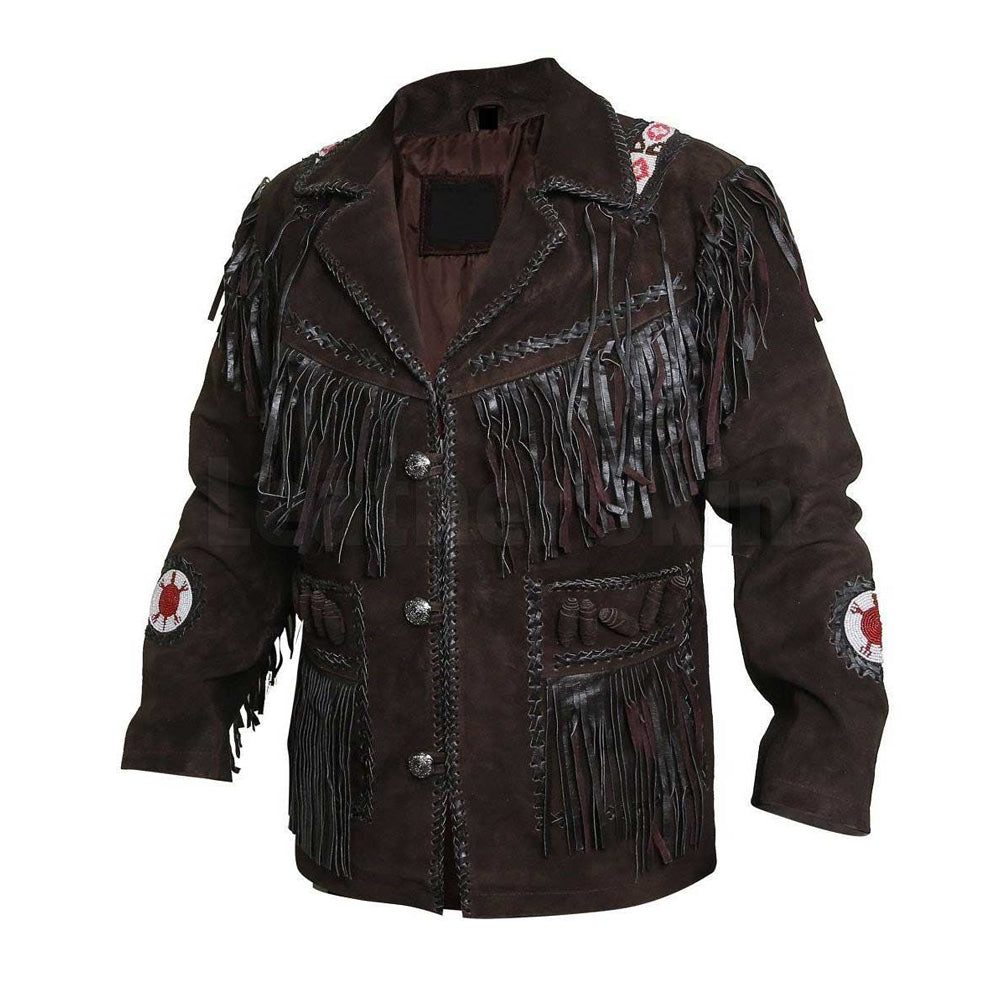 Angled view of brown suede rodeo jacket with notched lapels, cross-laced trim, patch pockets and dark tassels