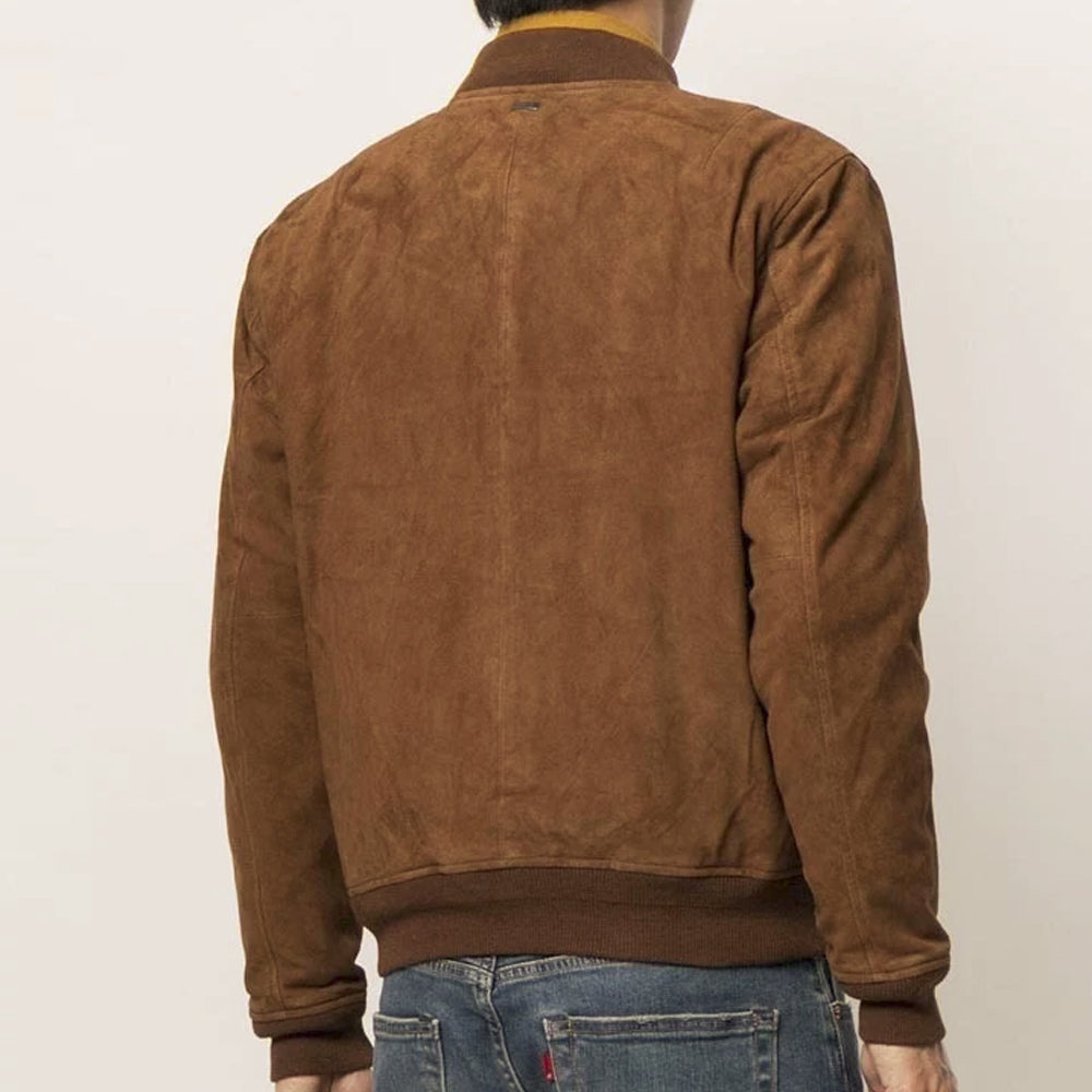 Rear model view of the brown suede zip bomber showing its clean back, subtle center seam and rib-knit waistband
