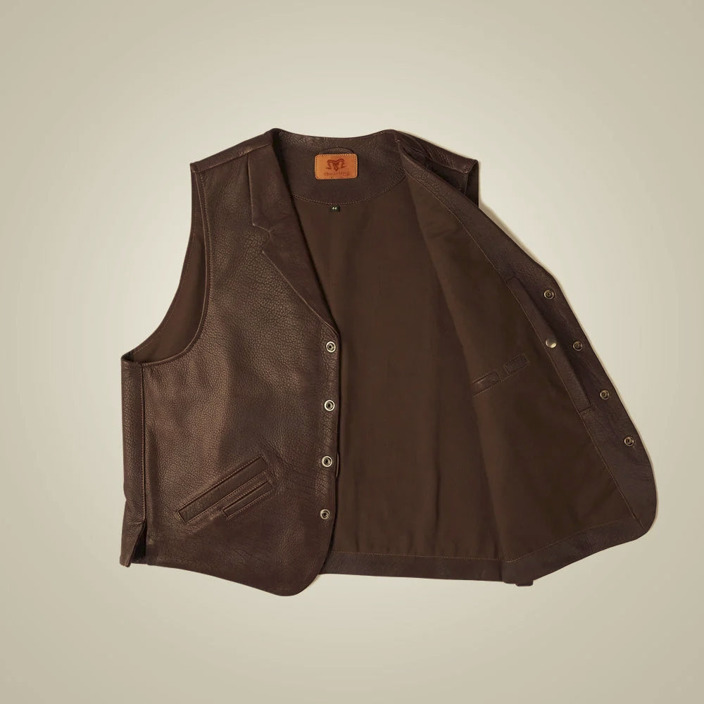 Open brown leather waistcoat showing smooth polyester lining, interior chest pocket and reinforced snap placket