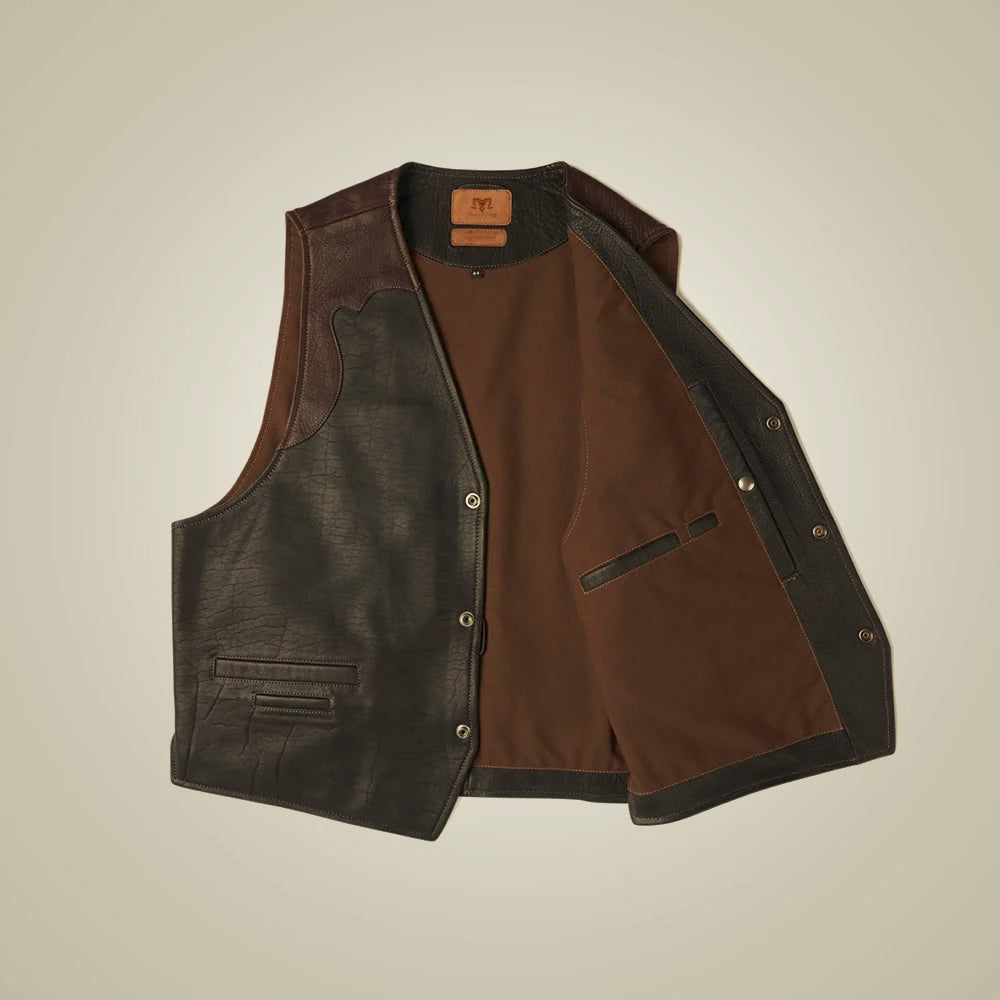 Open full-grain buffalo ranch vest displaying brown polyester lining, interior storage and tonal edge construction