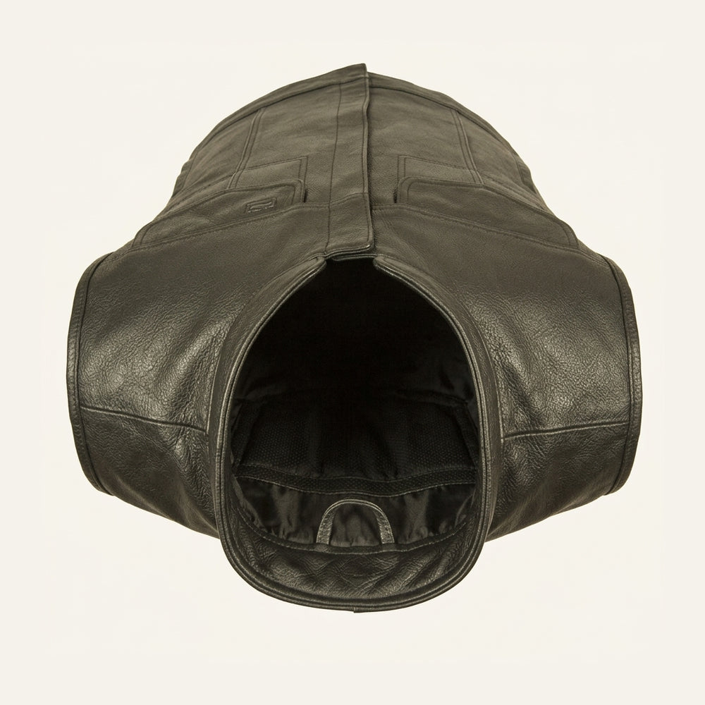 Interior and armhole view of buffalo leather vest showing soft black polyester lining and bound sleeveless edges