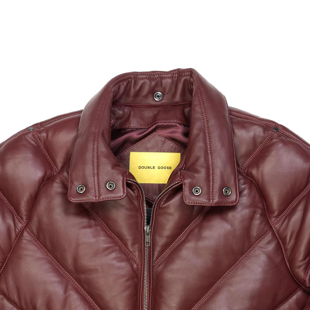Burgundy padded leather stand collar with metal snaps, tonal lining and yellow Double Goose neck label
