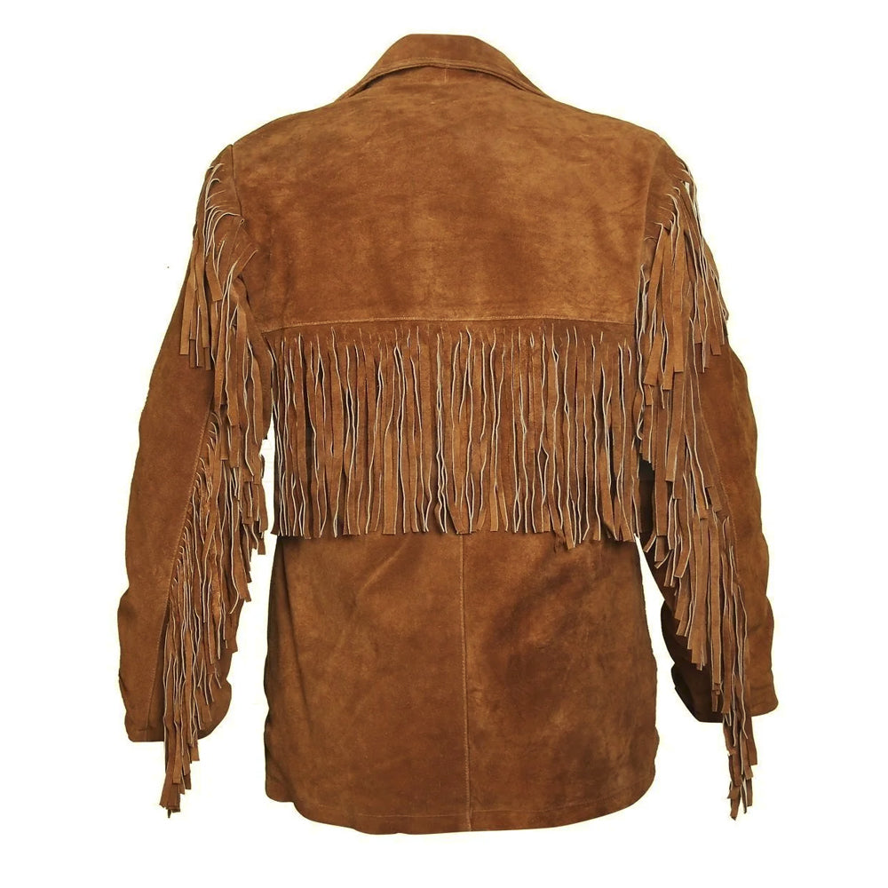 Back view of men’s chestnut Western suede jacket showing long shoulder-yoke fringe and tasseled sleeve seams