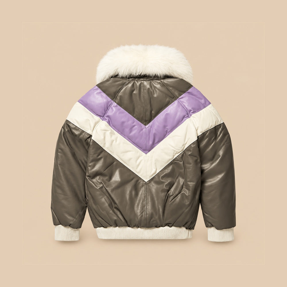 Back view of tri-color leather V-Bomber with charcoal yoke, lavender and ivory chevrons, center seam and ivory rib-knit waistband.