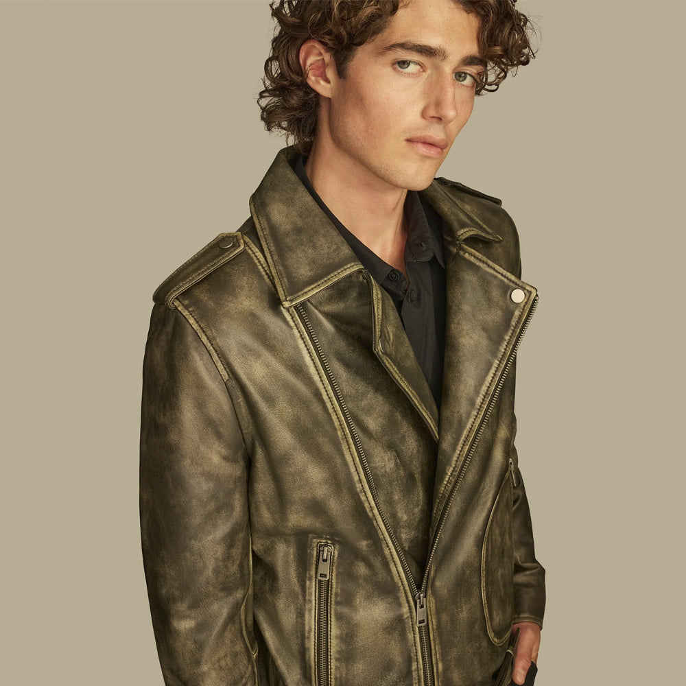 Close-up of wide notched lapels, shoulder epaulettes and YKK cross zipper on a cowhide jacket
