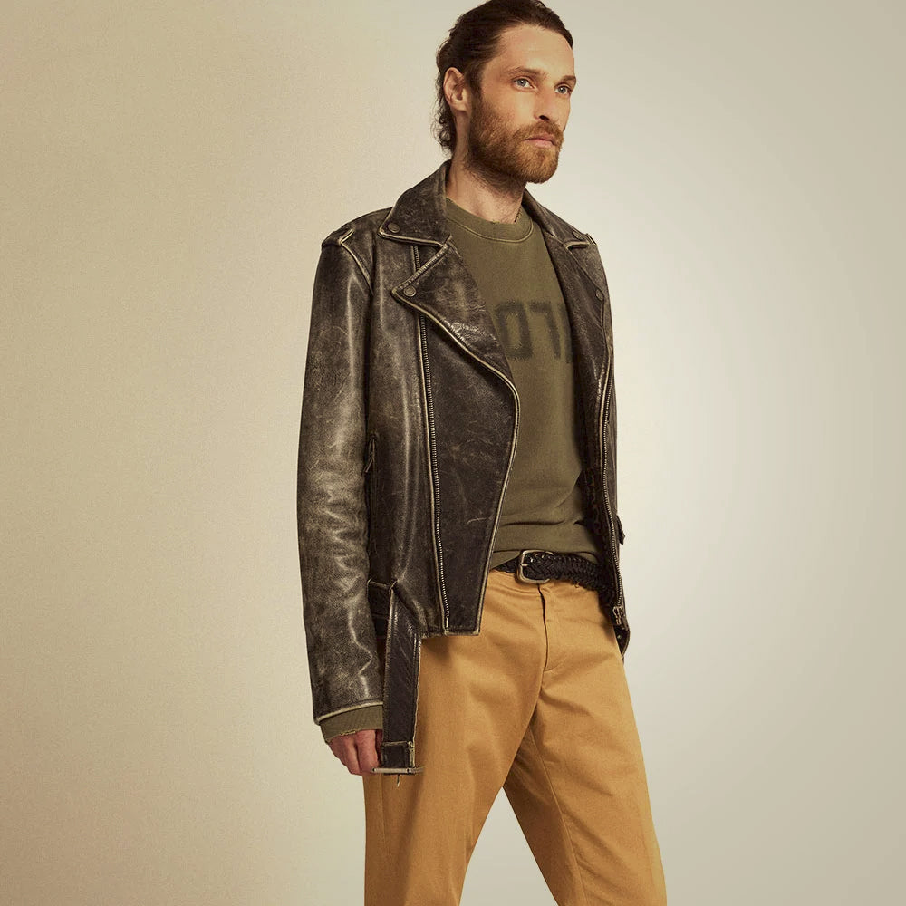 Men wearing a distressed brown asymmetrical leather biker jacket with wide snap lapels