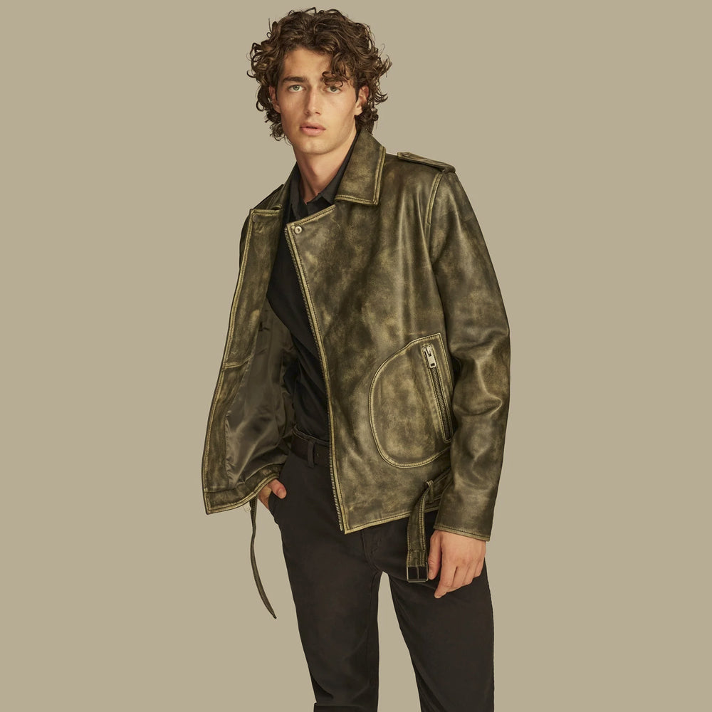 Three-quarter view of brown cowhide biker jacket showing dark lining and attached buckle belt
