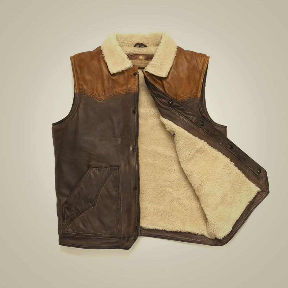 Open brown leather vest displaying genuine cream shearling interior, front zipper and outer snap placket