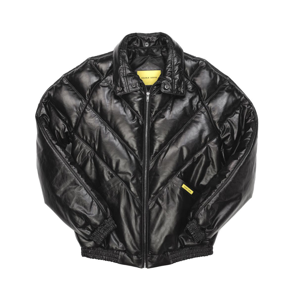 Black Double Goose V-bomber without fur trim, showing padded snap collar, glossy calfskin and chevron seams