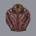 Front view of Double Goose burgundy lambskin V-Bomber with brown opossum fur collar and chevron quilting