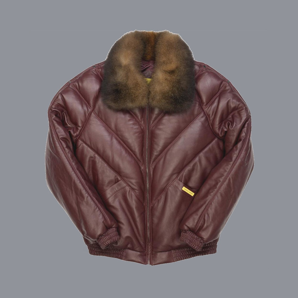 Front view of Double Goose burgundy lambskin V-Bomber with brown opossum fur collar and chevron quilting