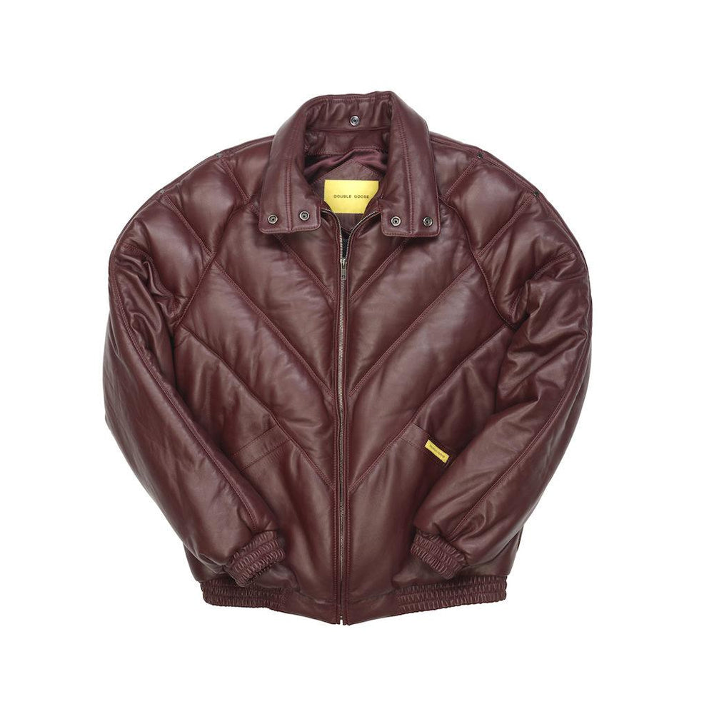 Double Goose burgundy V-Bomber without fur, showing its padded snap collar, angled pockets and full zipper