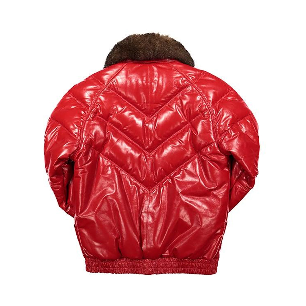 Back view of the Chili red Double Goose leather bomber showing stacked V-cut quilting and an elasticated waist