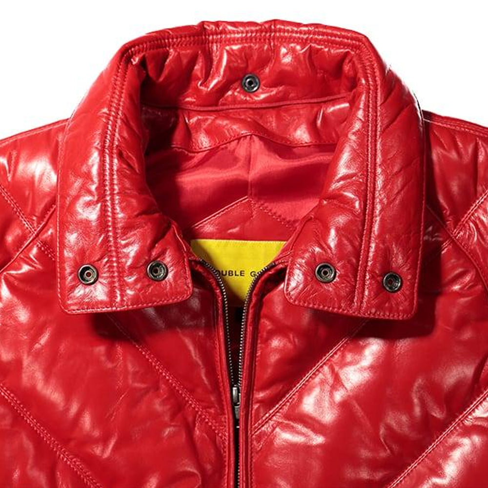 Glossy red calfskin collar with snap fasteners, metal zipper and tonal lining on the Double Goose V-Bomber