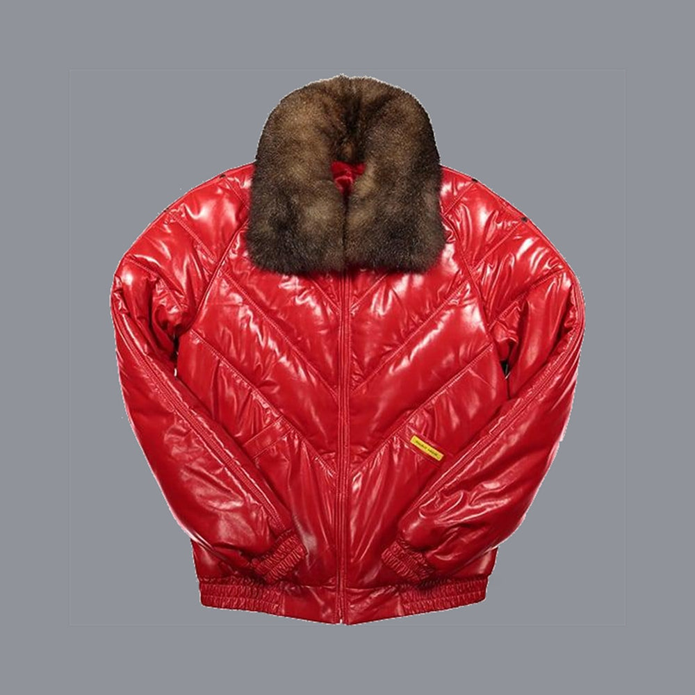 Front view of Double Goose Chili red V-Bomber jacket with glossy calfskin, chevron quilting and brown opossum fur