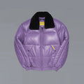 Full front of Double Goose Classic lavender puffer bomber with black sheep-wool trim and horizontal quilting.