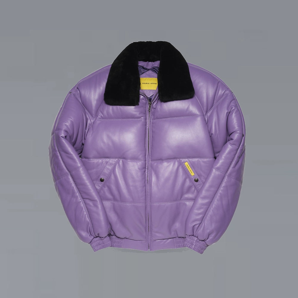 Full front of Double Goose Classic lavender puffer bomber with black sheep-wool trim and horizontal quilting.
