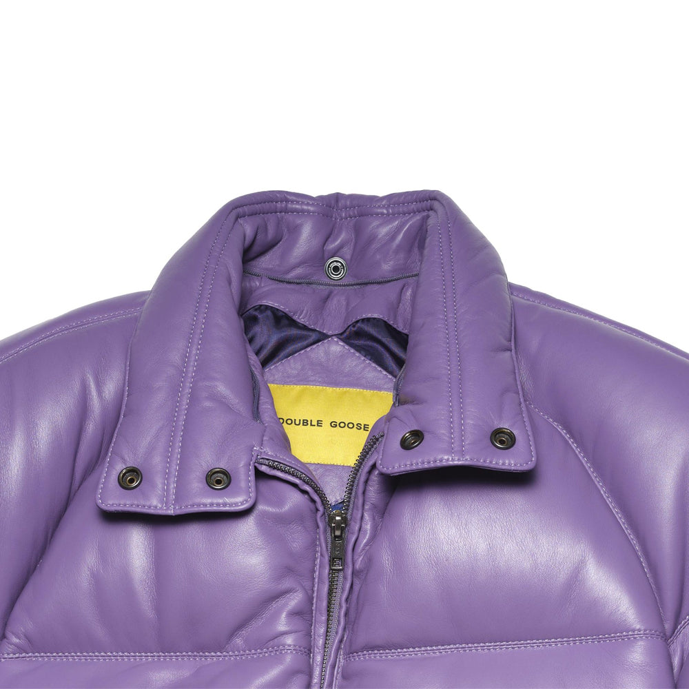 Lavender padded leather collar with stud fasteners, tonal satin lining and centered metal zipper.